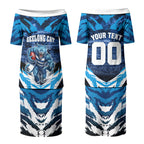 Personalised Geelong Cat Football Couples Matching Puletasi and Long Sleeve Button Shirt Electric Blue Mascot Charging Cityscape