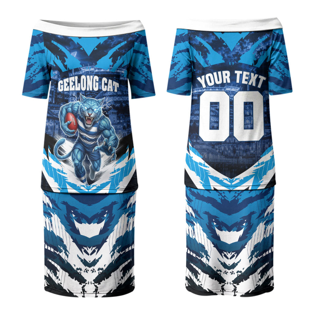Personalised Geelong Cat Football Couples Matching Puletasi and Long Sleeve Button Shirt Electric Blue Mascot Charging Cityscape