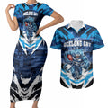 Personalised Geelong Cat Football Couples Matching Short Sleeve Bodycon Dress and Hawaiian Shirt Electric Blue Mascot Charging Cityscape