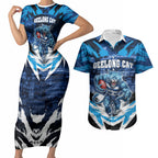 Personalised Geelong Cat Football Couples Matching Short Sleeve Bodycon Dress and Hawaiian Shirt Electric Blue Mascot Charging Cityscape