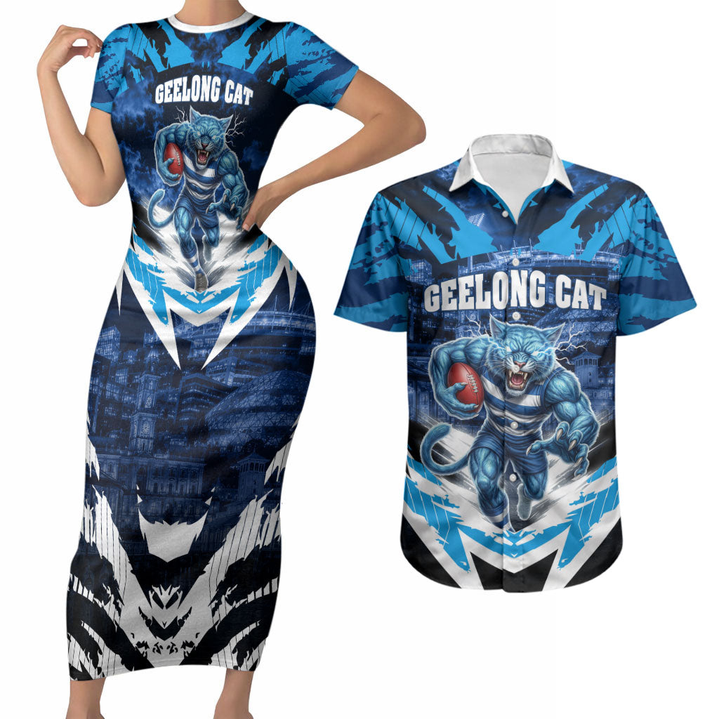 Personalised Geelong Cat Football Couples Matching Short Sleeve Bodycon Dress and Hawaiian Shirt Electric Blue Mascot Charging Cityscape