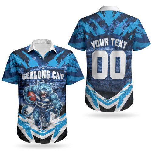 Personalised Geelong Cat Football Couples Matching Short Sleeve Bodycon Dress and Hawaiian Shirt Electric Blue Mascot Charging Cityscape