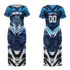 Personalised Geelong Cat Football Couples Matching Short Sleeve Bodycon Dress and Hawaiian Shirt Electric Blue Mascot Charging Cityscape