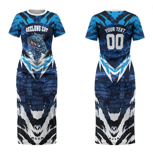 Personalised Geelong Cat Football Couples Matching Short Sleeve Bodycon Dress and Hawaiian Shirt Electric Blue Mascot Charging Cityscape