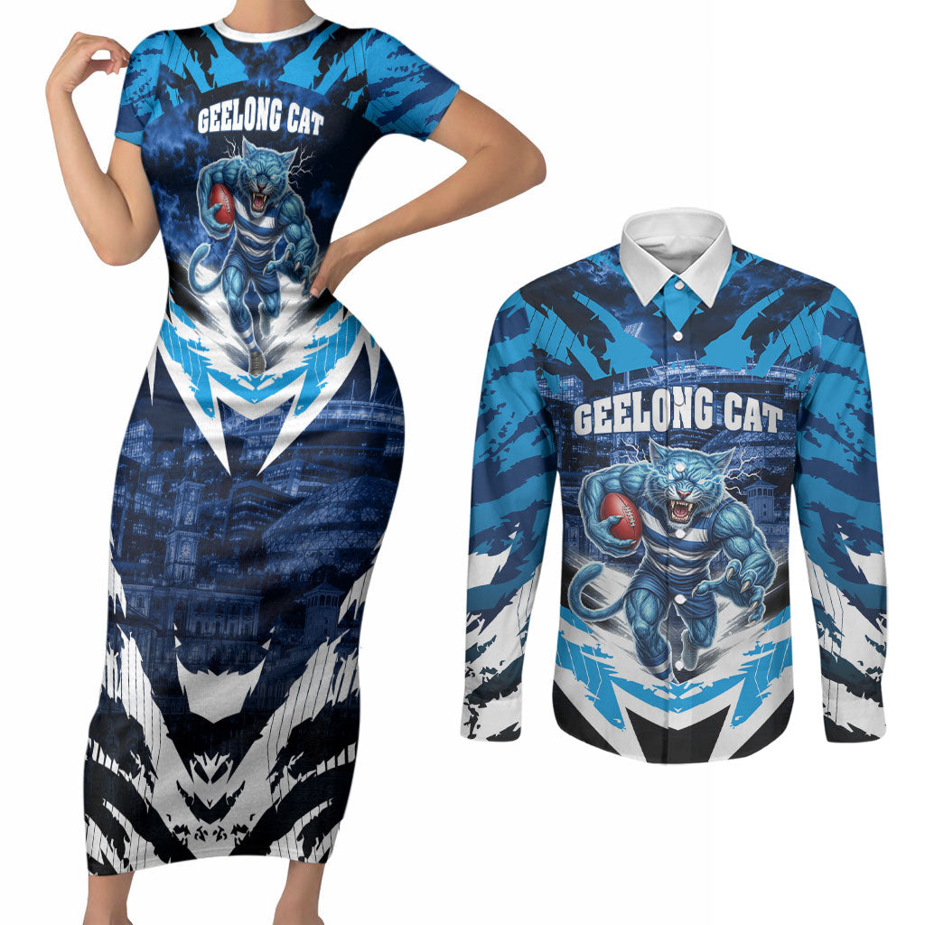 Personalised Geelong Cat Football Couples Matching Short Sleeve Bodycon Dress and Long Sleeve Button Shirt Electric Blue Mascot Charging Cityscape