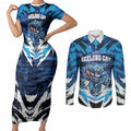 Personalised Geelong Cat Football Couples Matching Short Sleeve Bodycon Dress and Long Sleeve Button Shirt Electric Blue Mascot Charging Cityscape