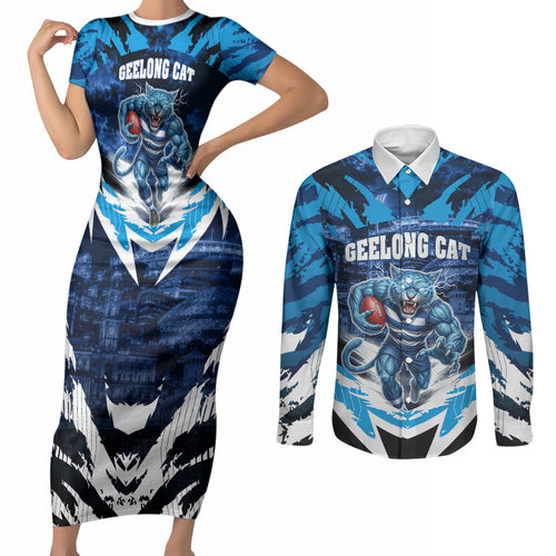 Personalised Geelong Cat Football Couples Matching Short Sleeve Bodycon Dress and Long Sleeve Button Shirt Electric Blue Mascot Charging Cityscape