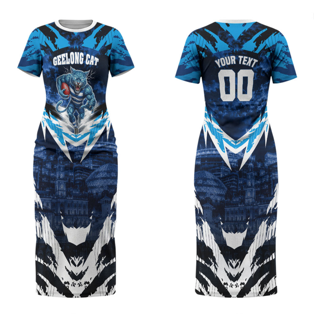 Personalised Geelong Cat Football Couples Matching Short Sleeve Bodycon Dress and Long Sleeve Button Shirt Electric Blue Mascot Charging Cityscape