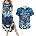 Personalised Geelong Cat Football Couples Matching Summer Maxi Dress and Hawaiian Shirt Electric Blue Mascot Charging Cityscape