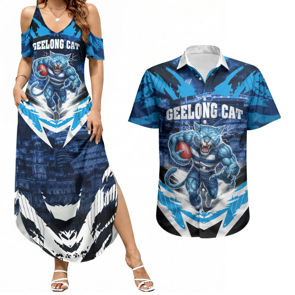 Personalised Geelong Cat Football Couples Matching Summer Maxi Dress and Hawaiian Shirt Electric Blue Mascot Charging Cityscape