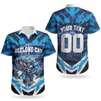 Personalised Geelong Cat Football Couples Matching Summer Maxi Dress and Hawaiian Shirt Electric Blue Mascot Charging Cityscape