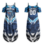 Personalised Geelong Cat Football Couples Matching Summer Maxi Dress and Hawaiian Shirt Electric Blue Mascot Charging Cityscape
