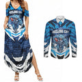 Personalised Geelong Cat Football Couples Matching Summer Maxi Dress and Long Sleeve Button Shirt Electric Blue Mascot Charging Cityscape