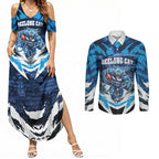 Personalised Geelong Cat Football Couples Matching Summer Maxi Dress and Long Sleeve Button Shirt Electric Blue Mascot Charging Cityscape
