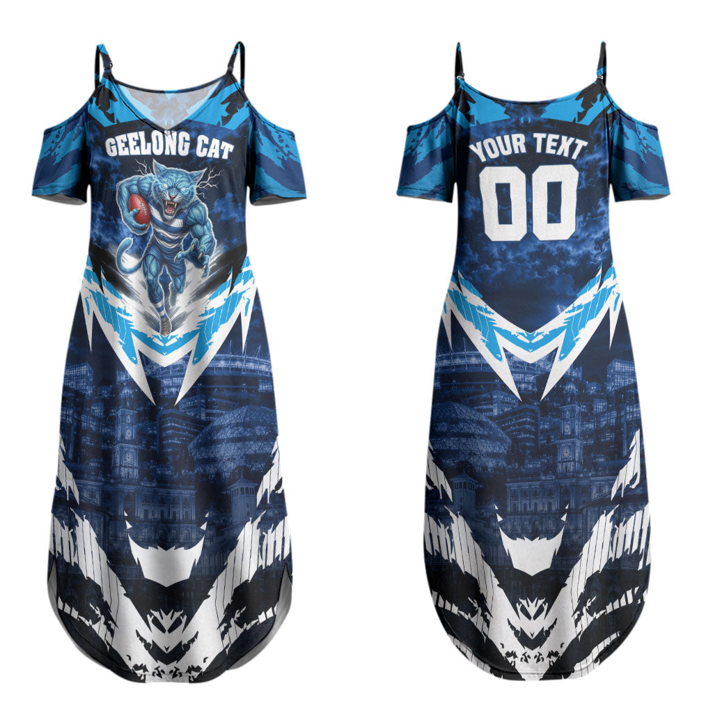 Personalised Geelong Cat Football Couples Matching Summer Maxi Dress and Long Sleeve Button Shirt Electric Blue Mascot Charging Cityscape
