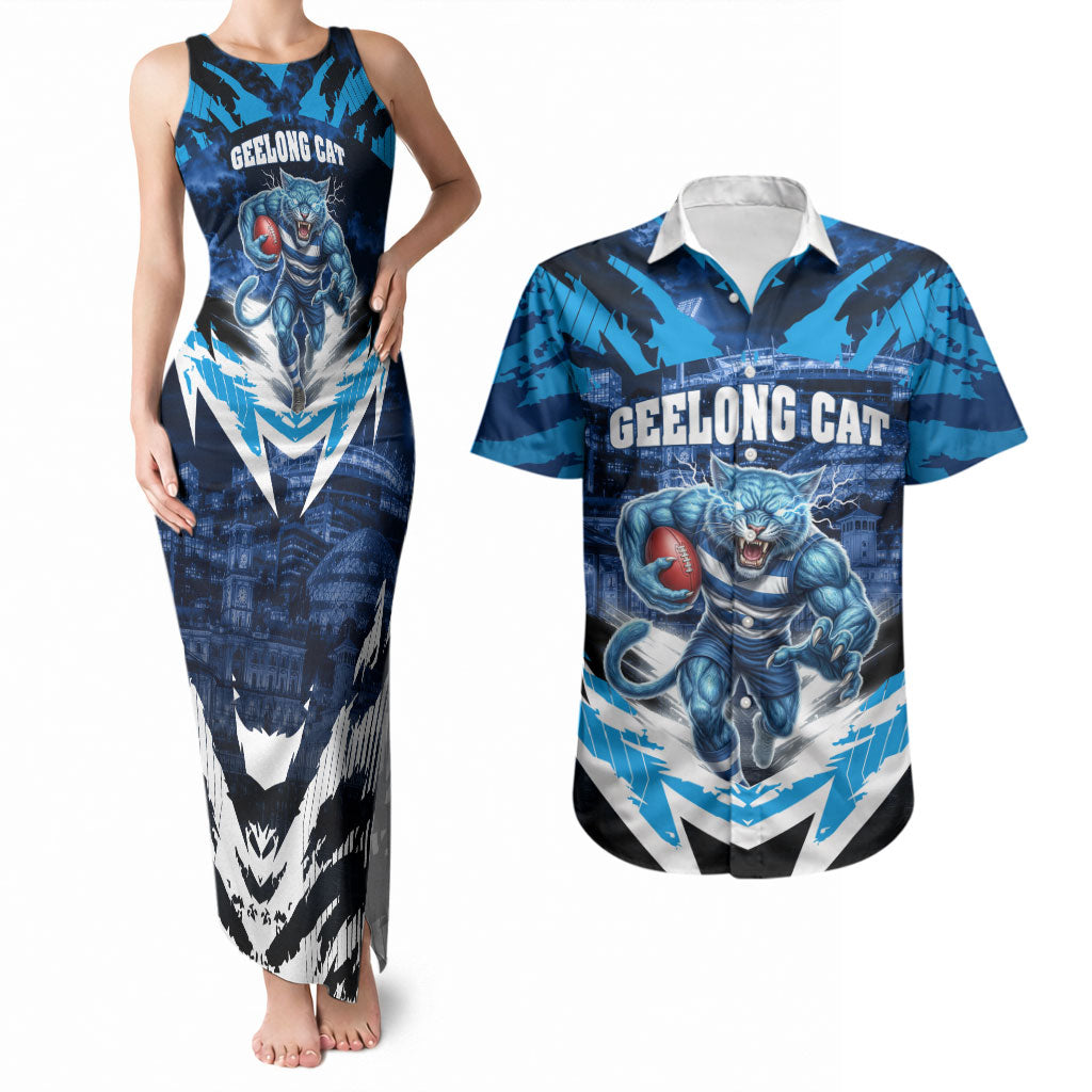 Personalised Geelong Cat Football Couples Matching Tank Maxi Dress and Hawaiian Shirt Electric Blue Mascot Charging Cityscape