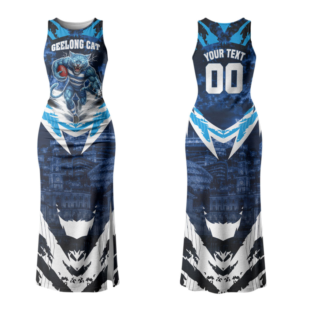Personalised Geelong Cat Football Couples Matching Tank Maxi Dress and Hawaiian Shirt Electric Blue Mascot Charging Cityscape