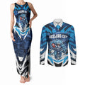 Personalised Geelong Cat Football Couples Matching Tank Maxi Dress and Long Sleeve Button Shirt Electric Blue Mascot Charging Cityscape