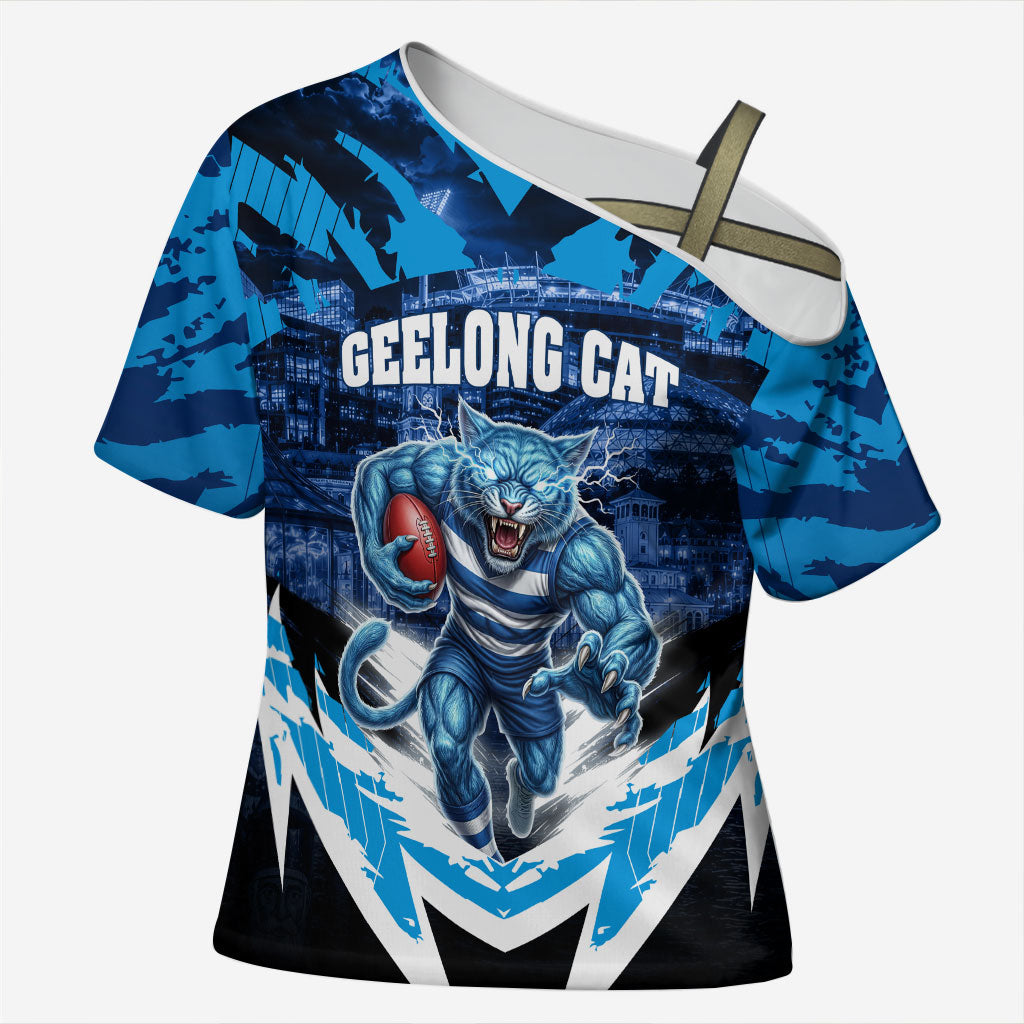 Personalised Geelong Cat Football Cross Shoulder Shirt Electric Blue Mascot Charging Cityscape