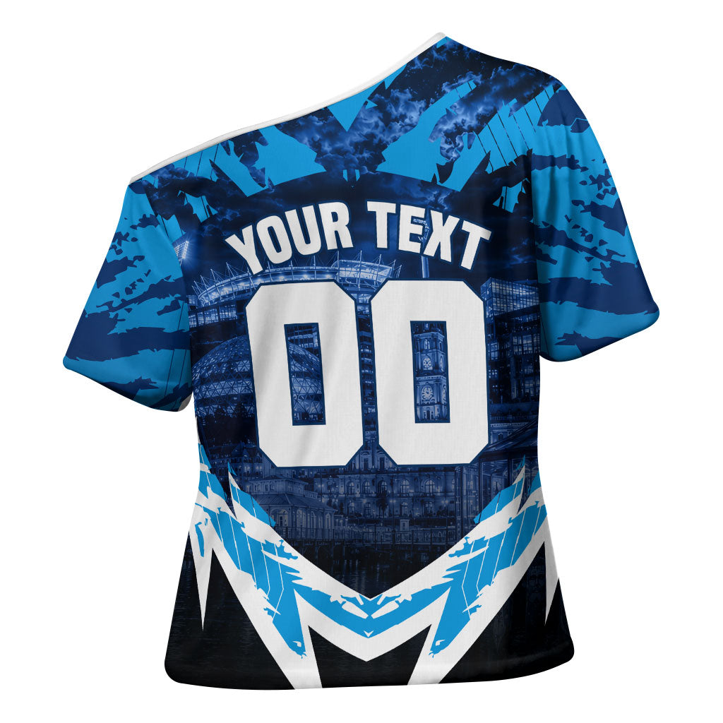 Personalised Geelong Cat Football Cross Shoulder Shirt Electric Blue Mascot Charging Cityscape