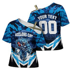 Personalised Geelong Cat Football Cross Shoulder Shirt Electric Blue Mascot Charging Cityscape
