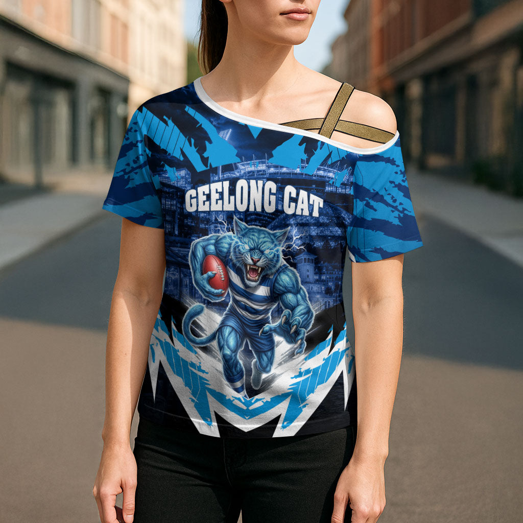 Personalised Geelong Cat Football Cross Shoulder Shirt Electric Blue Mascot Charging Cityscape