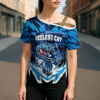 Personalised Geelong Cat Football Cross Shoulder Shirt Electric Blue Mascot Charging Cityscape