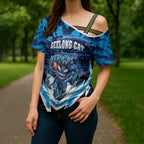 Personalised Geelong Cat Football Cross Shoulder Shirt Electric Blue Mascot Charging Cityscape
