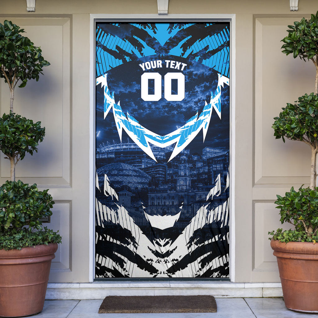 Personalised Geelong Cat Football Door Cover Electric Blue Mascot Charging Cityscape