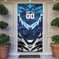 Personalised Geelong Cat Football Door Cover Electric Blue Mascot Charging Cityscape