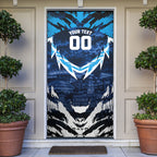 Personalised Geelong Cat Football Door Cover Electric Blue Mascot Charging Cityscape