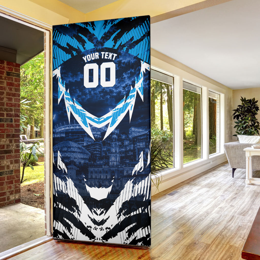 Personalised Geelong Cat Football Door Cover Electric Blue Mascot Charging Cityscape