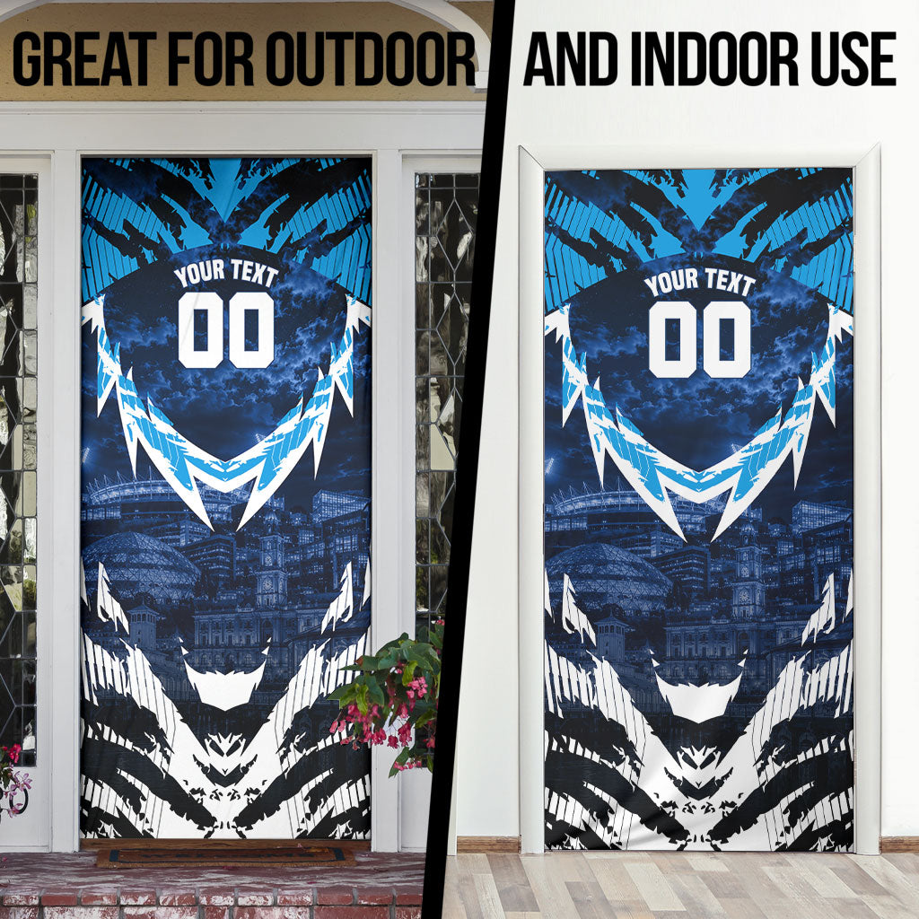 Personalised Geelong Cat Football Door Cover Electric Blue Mascot Charging Cityscape