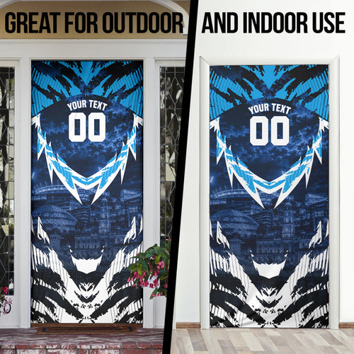 Personalised Geelong Cat Football Door Cover Electric Blue Mascot Charging Cityscape