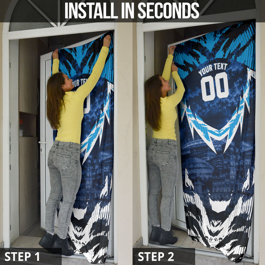 Personalised Geelong Cat Football Door Cover Electric Blue Mascot Charging Cityscape