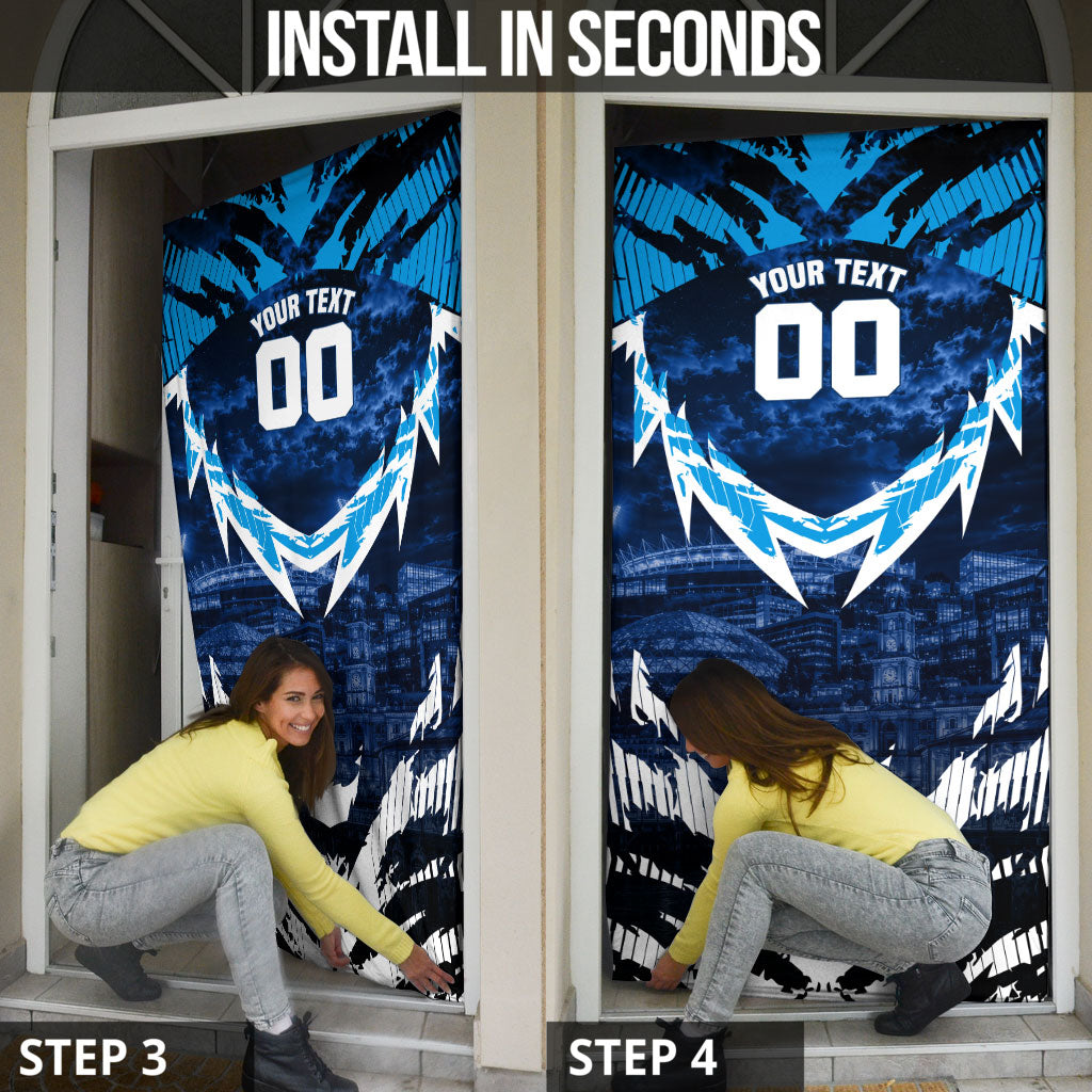 Personalised Geelong Cat Football Door Cover Electric Blue Mascot Charging Cityscape