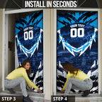Personalised Geelong Cat Football Door Cover Electric Blue Mascot Charging Cityscape
