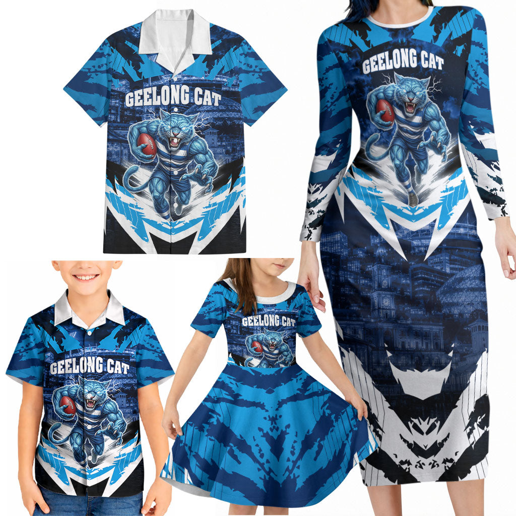 Personalised Geelong Cat Football Family Matching Long Sleeve Bodycon Dress and Hawaiian Shirt Electric Blue Mascot Charging Cityscape