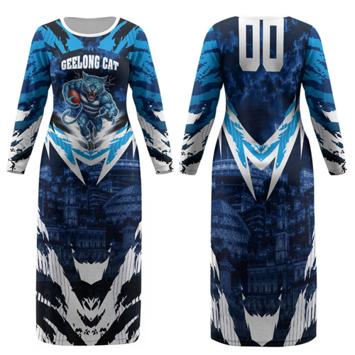 Personalised Geelong Cat Football Family Matching Long Sleeve Bodycon Dress and Hawaiian Shirt Electric Blue Mascot Charging Cityscape
