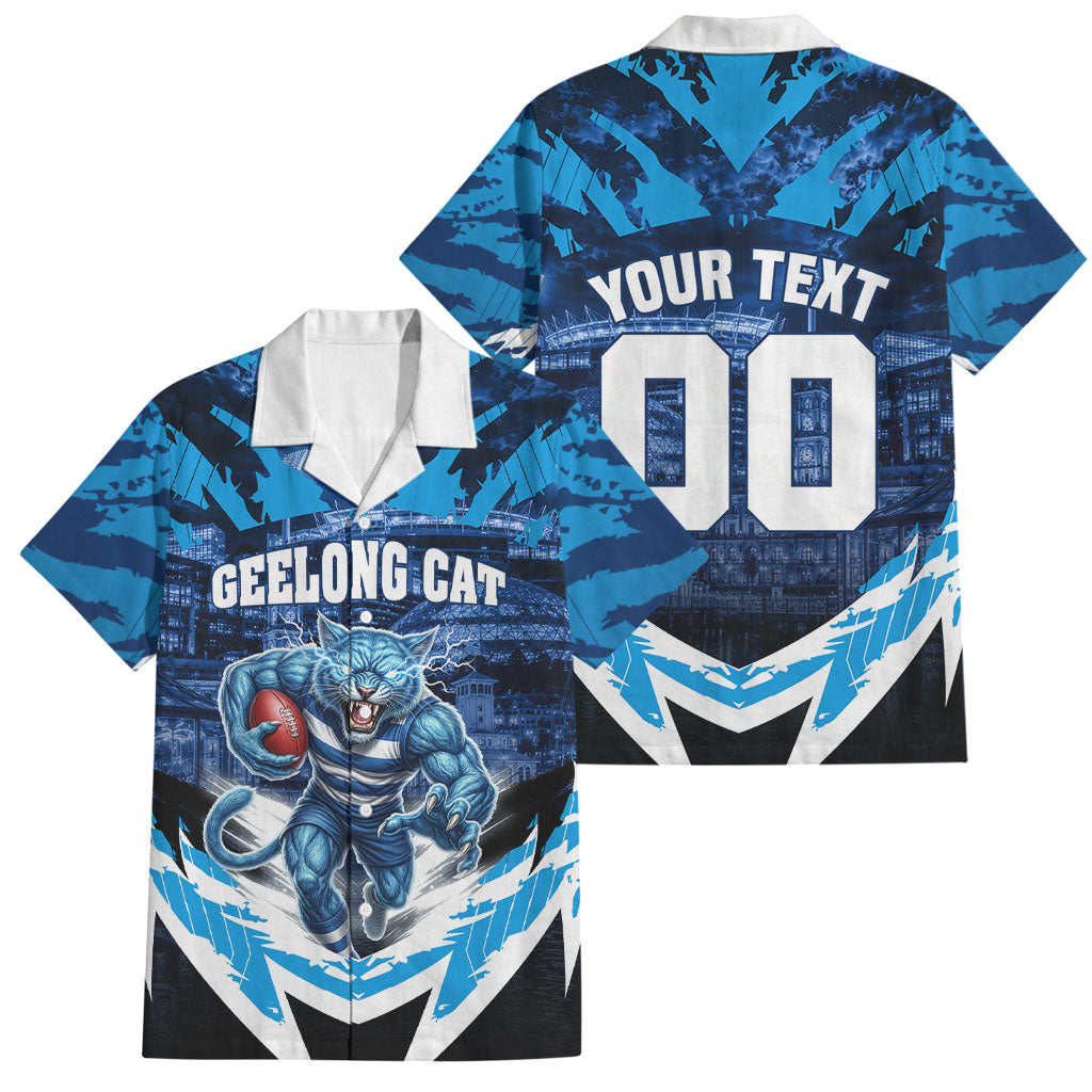 Personalised Geelong Cat Football Family Matching Long Sleeve Bodycon Dress and Hawaiian Shirt Electric Blue Mascot Charging Cityscape
