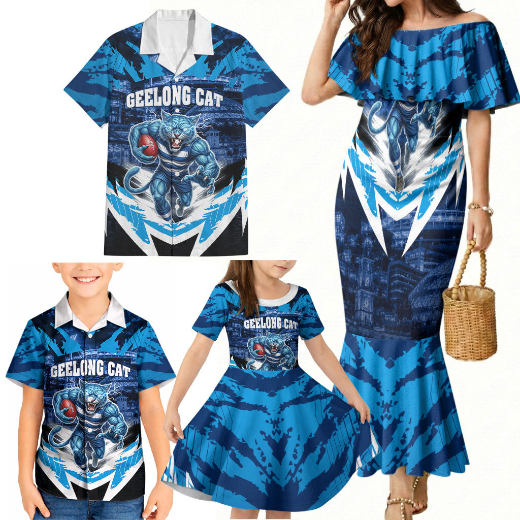 Personalised Geelong Cat Football Family Matching Mermaid Dress and Hawaiian Shirt Electric Blue Mascot Charging Cityscape
