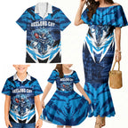 Personalised Geelong Cat Football Family Matching Mermaid Dress and Hawaiian Shirt Electric Blue Mascot Charging Cityscape