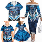 Personalised Geelong Cat Football Family Matching Off The Shoulder Long Sleeve Dress and Hawaiian Shirt Electric Blue Mascot Charging Cityscape