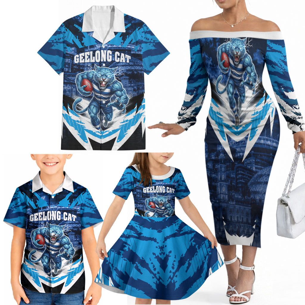 Personalised Geelong Cat Football Family Matching Off The Shoulder Long Sleeve Dress and Hawaiian Shirt Electric Blue Mascot Charging Cityscape
