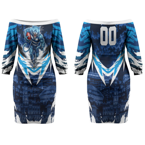 Personalised Geelong Cat Football Family Matching Off The Shoulder Long Sleeve Dress and Hawaiian Shirt Electric Blue Mascot Charging Cityscape