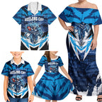 Personalised Geelong Cat Football Family Matching Off Shoulder Maxi Dress and Hawaiian Shirt Electric Blue Mascot Charging Cityscape