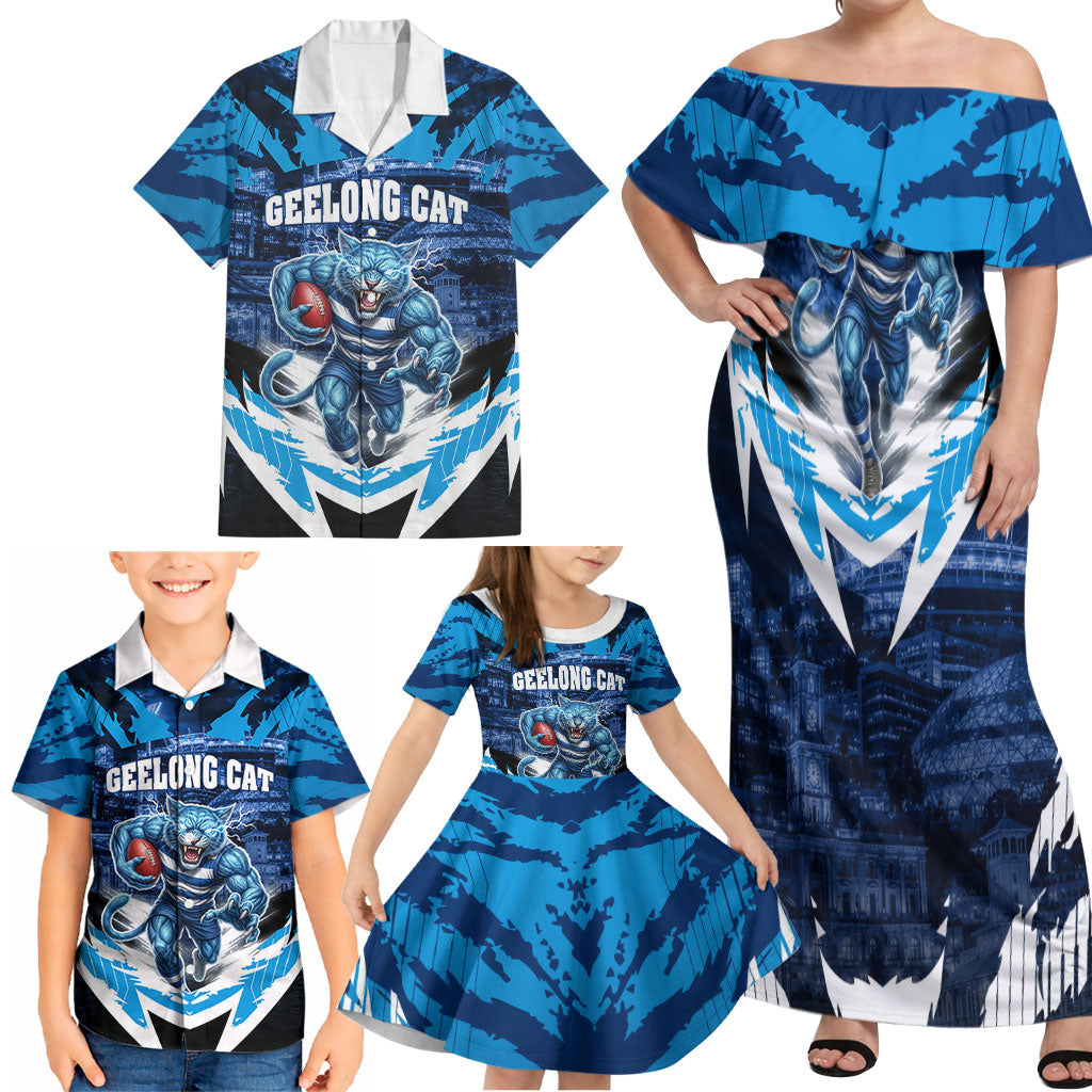 Personalised Geelong Cat Football Family Matching Off Shoulder Maxi Dress and Hawaiian Shirt Electric Blue Mascot Charging Cityscape
