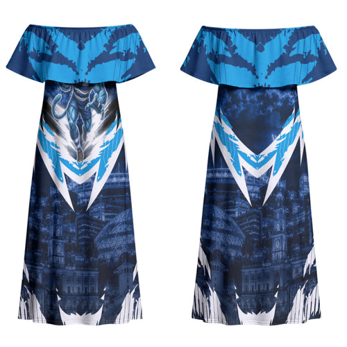 Personalised Geelong Cat Football Family Matching Off Shoulder Maxi Dress and Hawaiian Shirt Electric Blue Mascot Charging Cityscape