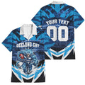 Personalised Geelong Cat Football Family Matching Off Shoulder Maxi Dress and Hawaiian Shirt Electric Blue Mascot Charging Cityscape