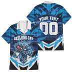 Personalised Geelong Cat Football Family Matching Off Shoulder Maxi Dress and Hawaiian Shirt Electric Blue Mascot Charging Cityscape